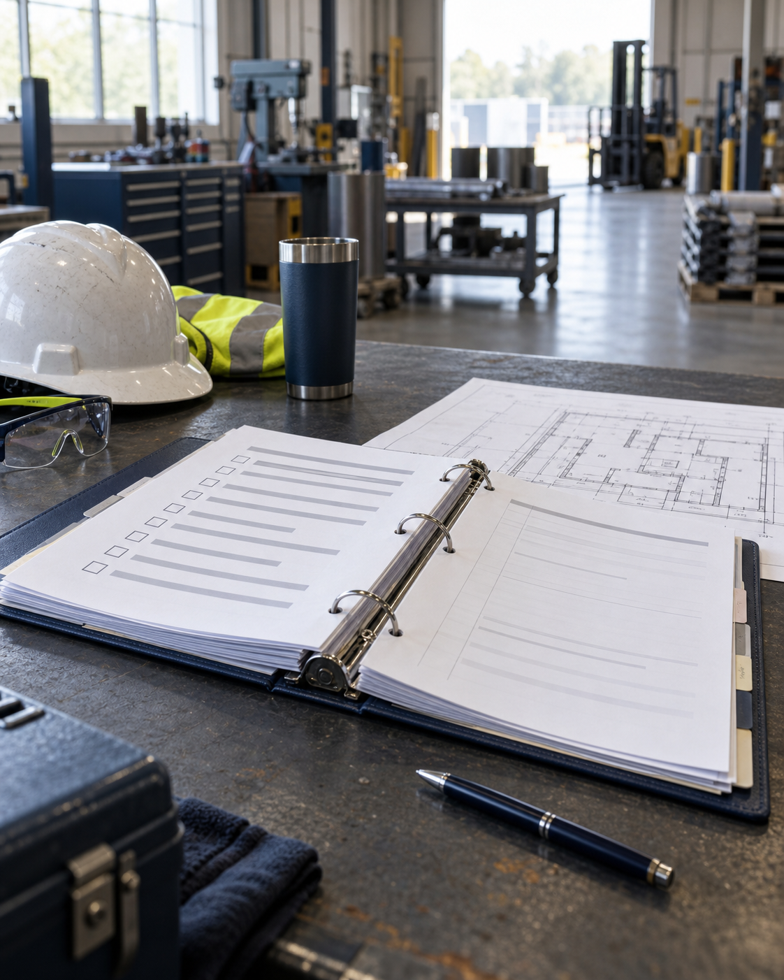 An open program binder and checklist beside workshop safety equipment